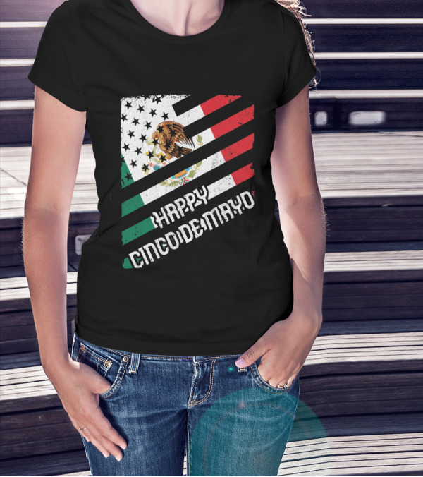 Cinco De Mayo Happy Mexico US Flag Eagle Stripes T-Shirt