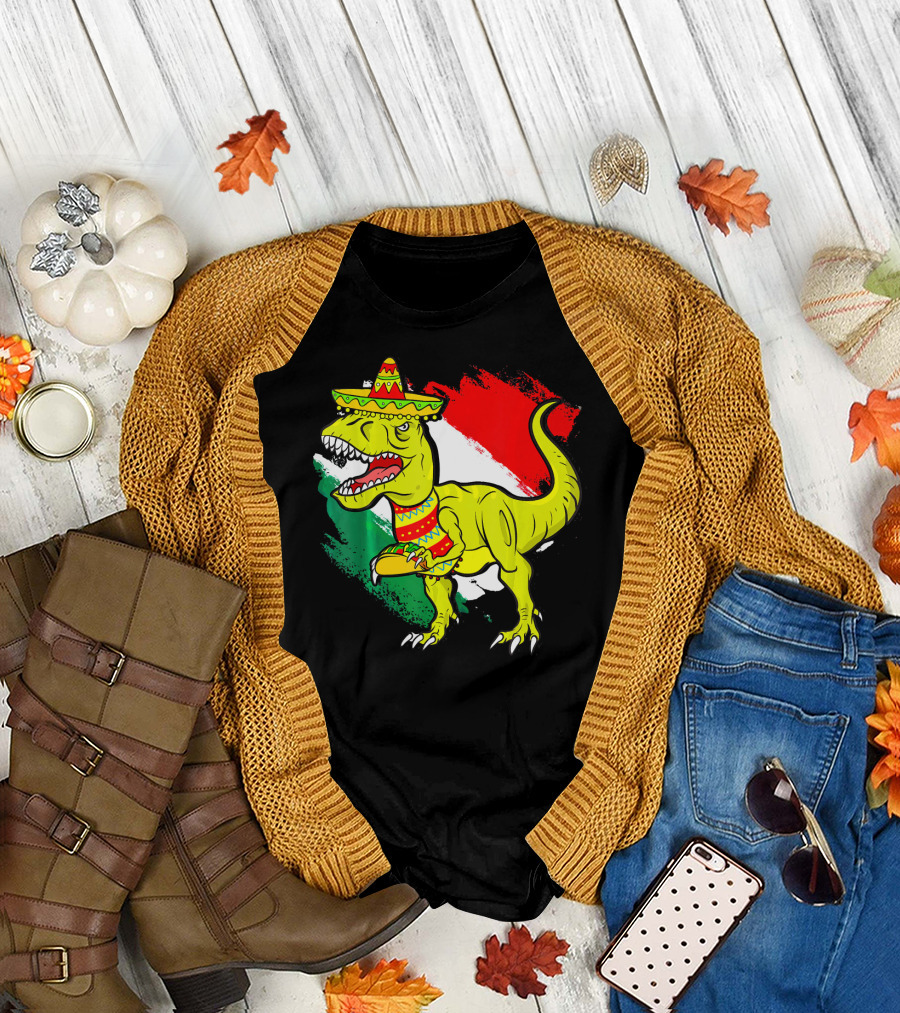 Tacosaurus Rex Sombrero Mexican Flag Cinco De Mayo Mexican Pride T-Shirt