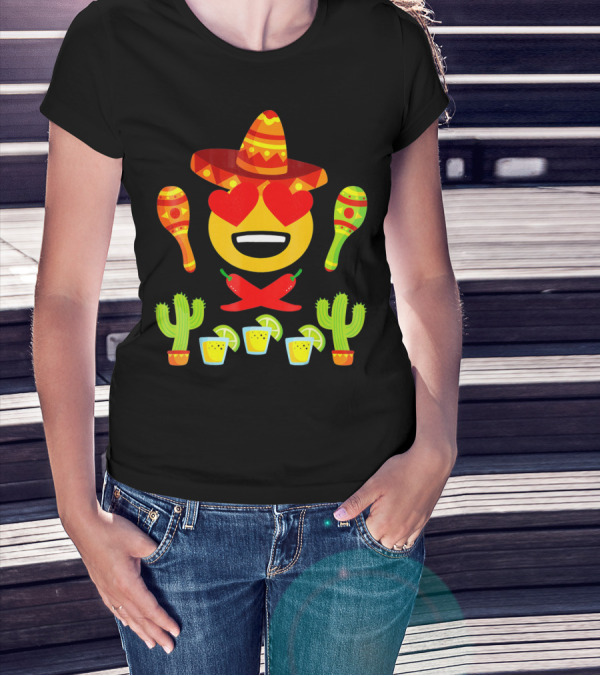 Fiesta Cinco De Mayo Emoji Heart Eyes Sombrero Maracas Cactus Peppers Margaritas T-Shirt