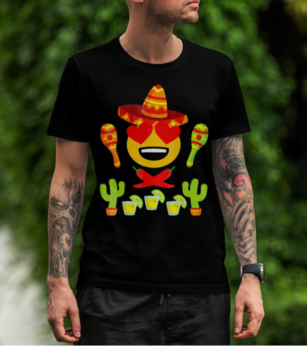 Fiesta Cinco De Mayo Emoji Heart Eyes Sombrero Maracas Cactus Peppers Margaritas T-Shirt