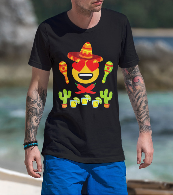 Fiesta Cinco De Mayo Emoji Heart Eyes Sombrero Maracas Cactus Peppers Margaritas T-Shirt