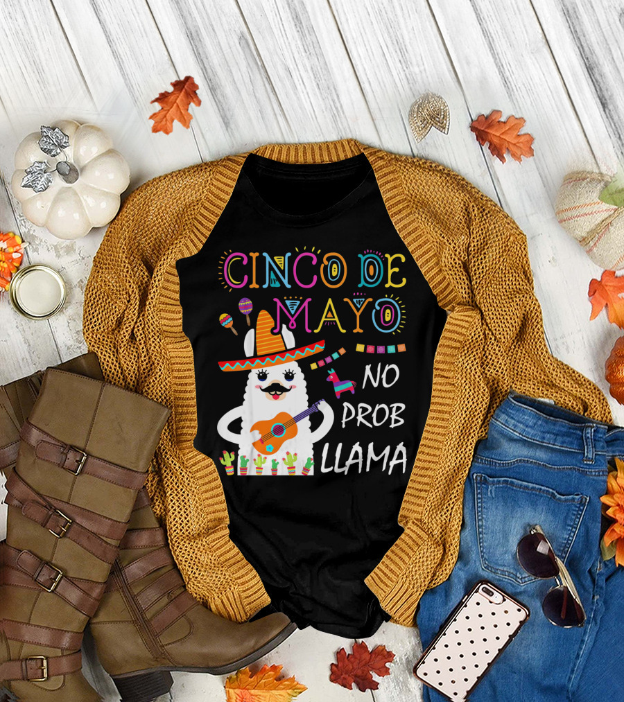 Cinco De Mayo No Prob Llama Sombrero Guitar Maracas Cactus Fiesta T-Shirt