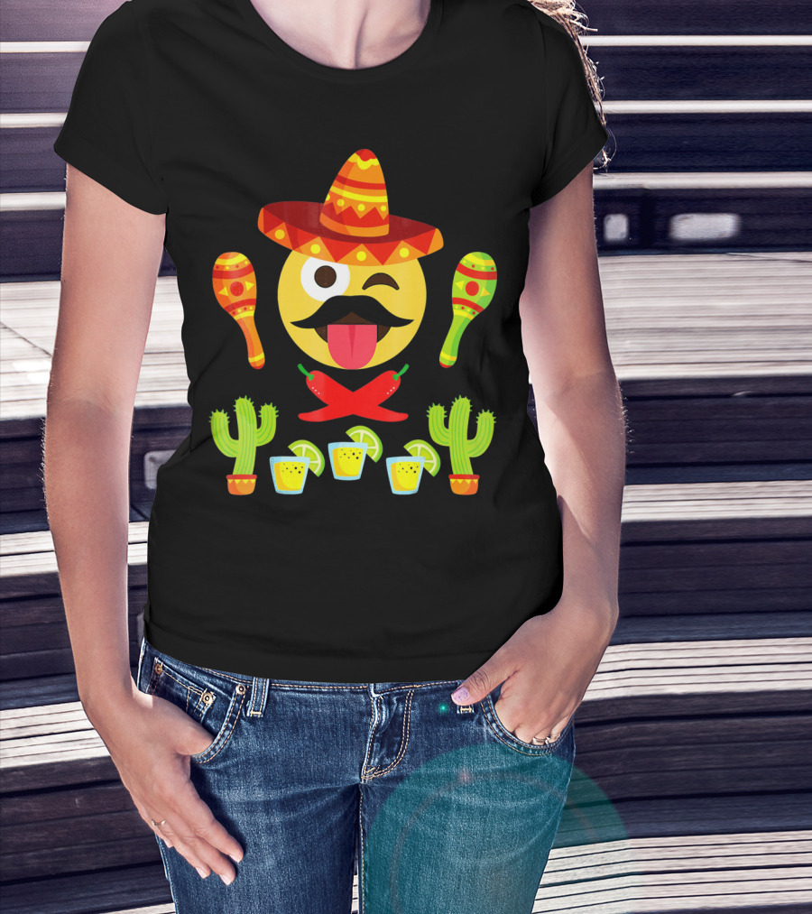 Cinco De Mayo Winking Emoji Sombrero Maracas Cactus Tequila Peppers T-Shirt