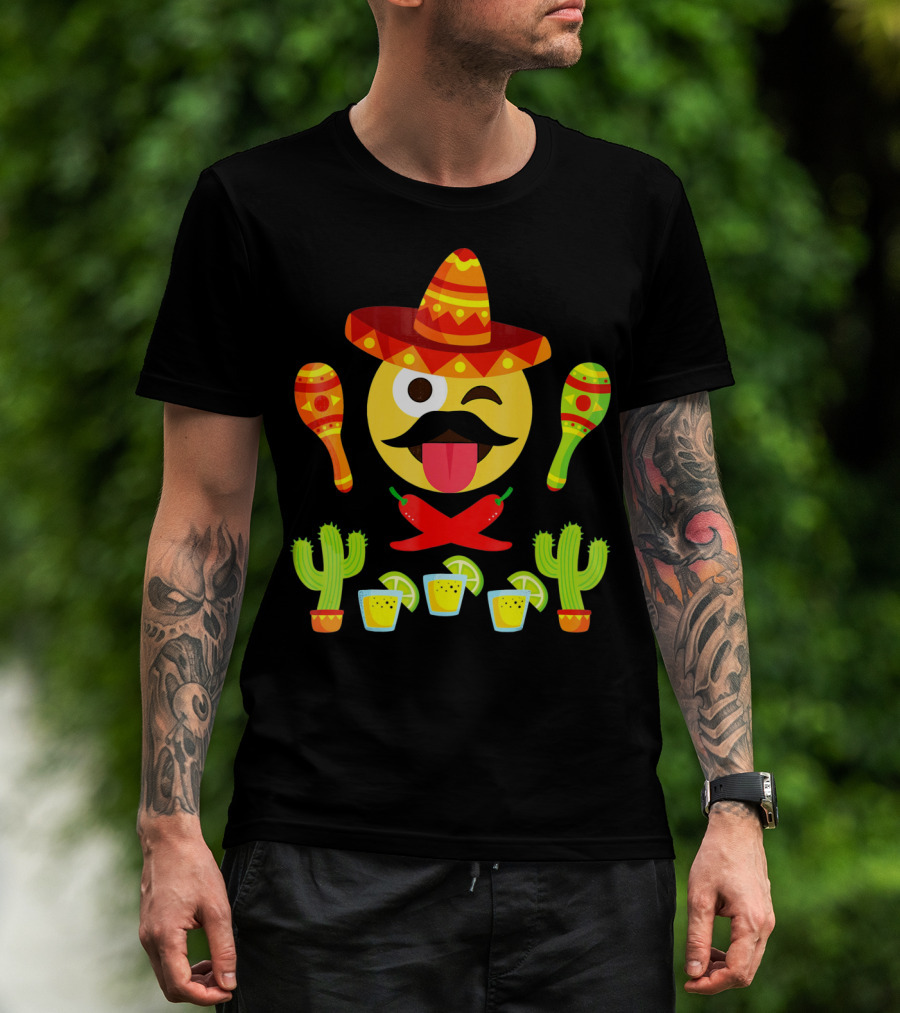 Cinco De Mayo Winking Emoji Sombrero Maracas Cactus Tequila Peppers T-Shirt