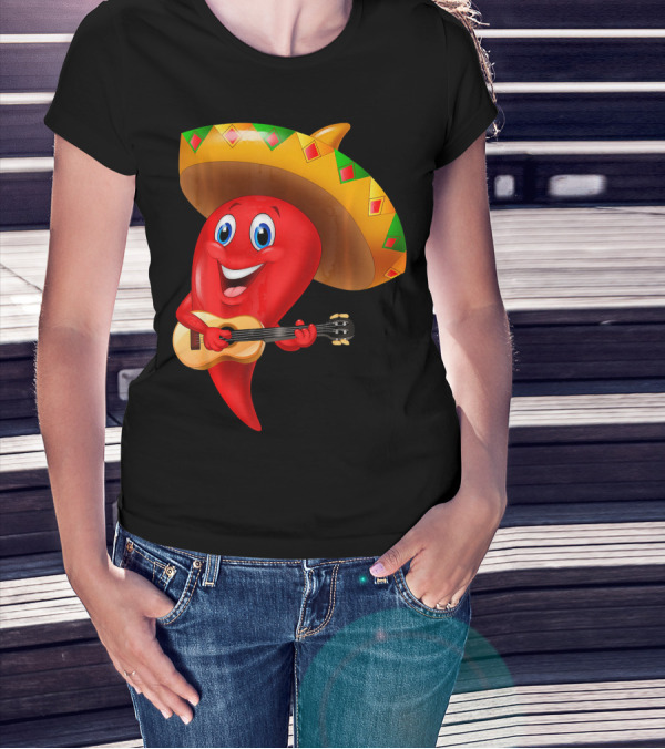 Cute Chili Pepper Wearing Sombrero Playing Guitar Mexico T-Shirt