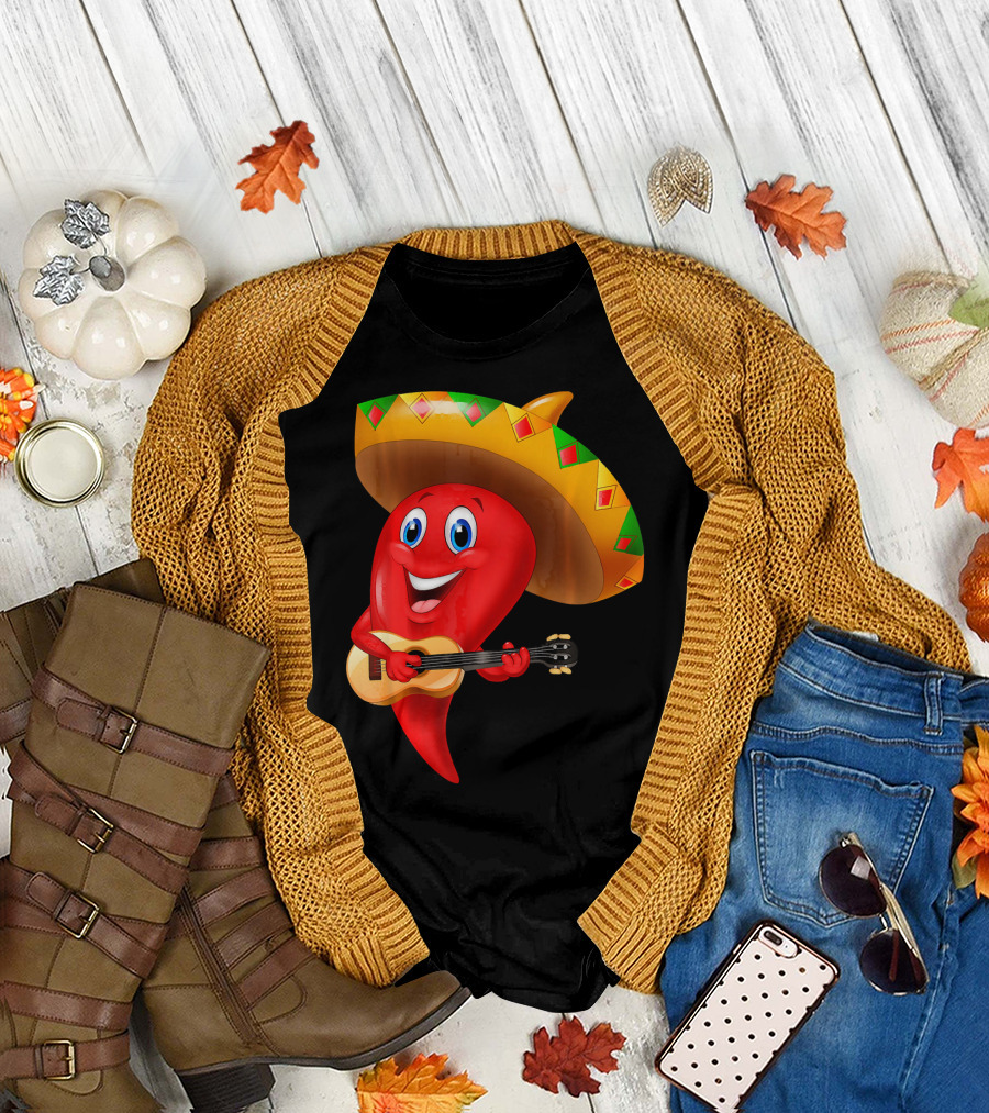 Cute Chili Pepper Wearing Sombrero Playing Guitar Mexico T-Shirt
