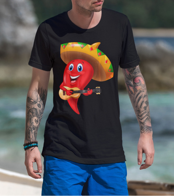 Cute Chili Pepper Wearing Sombrero Playing Guitar Mexico T-Shirt
