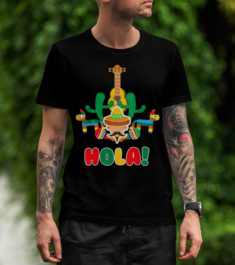 Hola Mexican Sombrero Guitar Cactus Piñata Fiesta T-Shirt