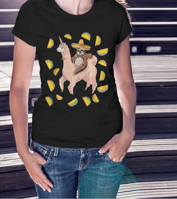 Cinco De Mayo Llamacorn With Sombrero-Wearing Sloth Surrounded By Tacos T-Shirt