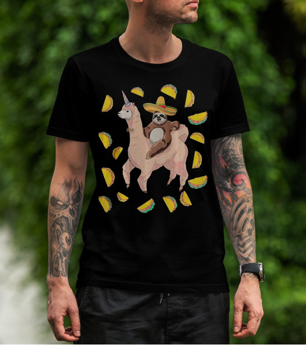 Cinco De Mayo Llamacorn With Sombrero-Wearing Sloth Surrounded By Tacos T-Shirt