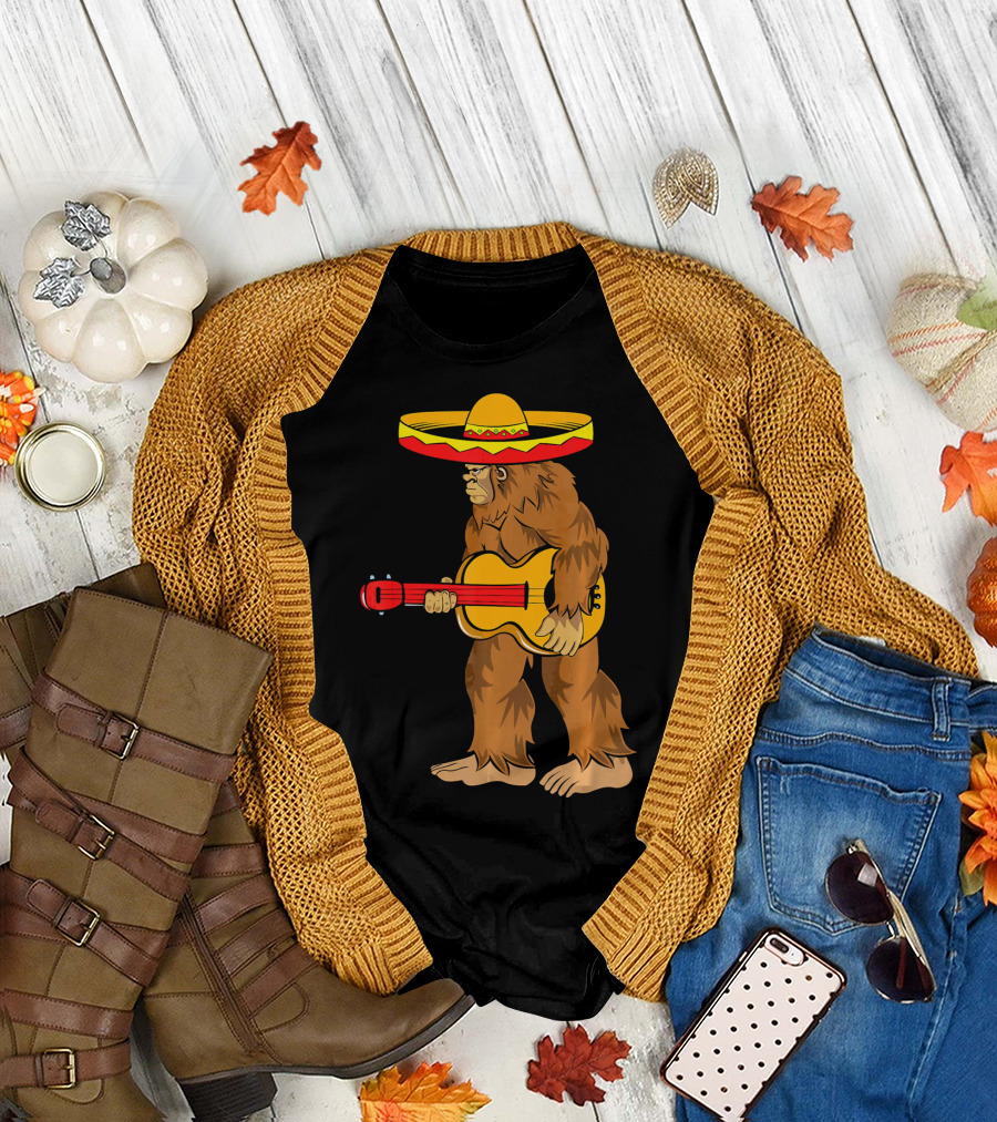 Bigfoot Carrying Guitar Cinco de Mayo Sombrero T-Shirt