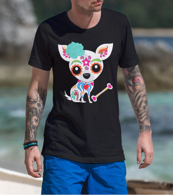 Cinco De Mayo Sugar Skull Chihuahua With Floral Bone And Colorful Flower T-Shirt