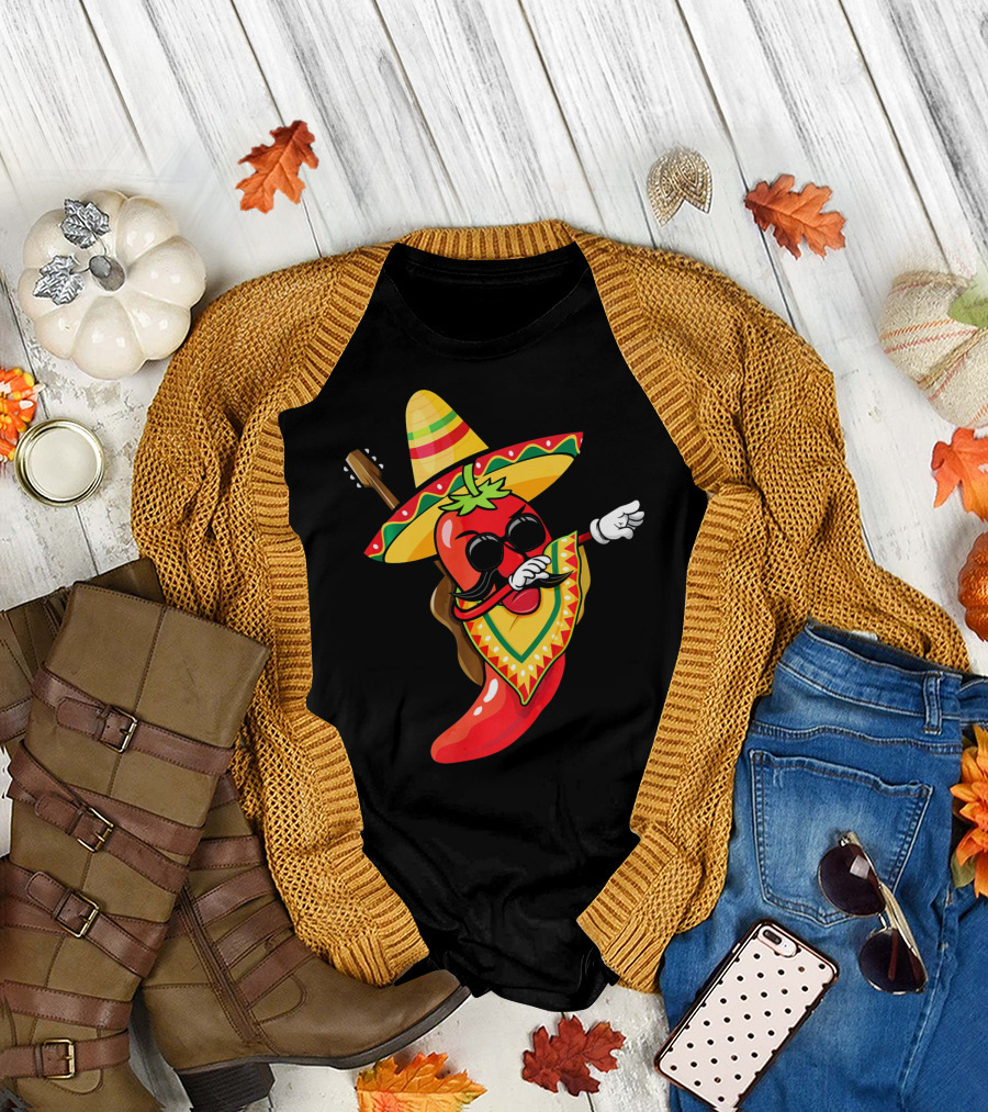 Mexican Poncho Cinco De Mayo Dabbing Jalapeño Sombrero Mustache Guitar T-Shirt