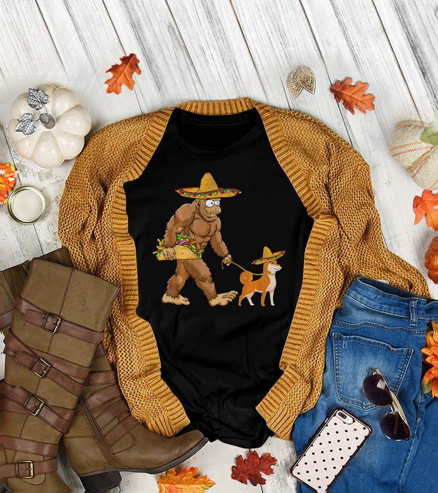 Bigfoot Taco Sombrero Shiba Inu Dog Cinc Walking Cartoon T-Shirt