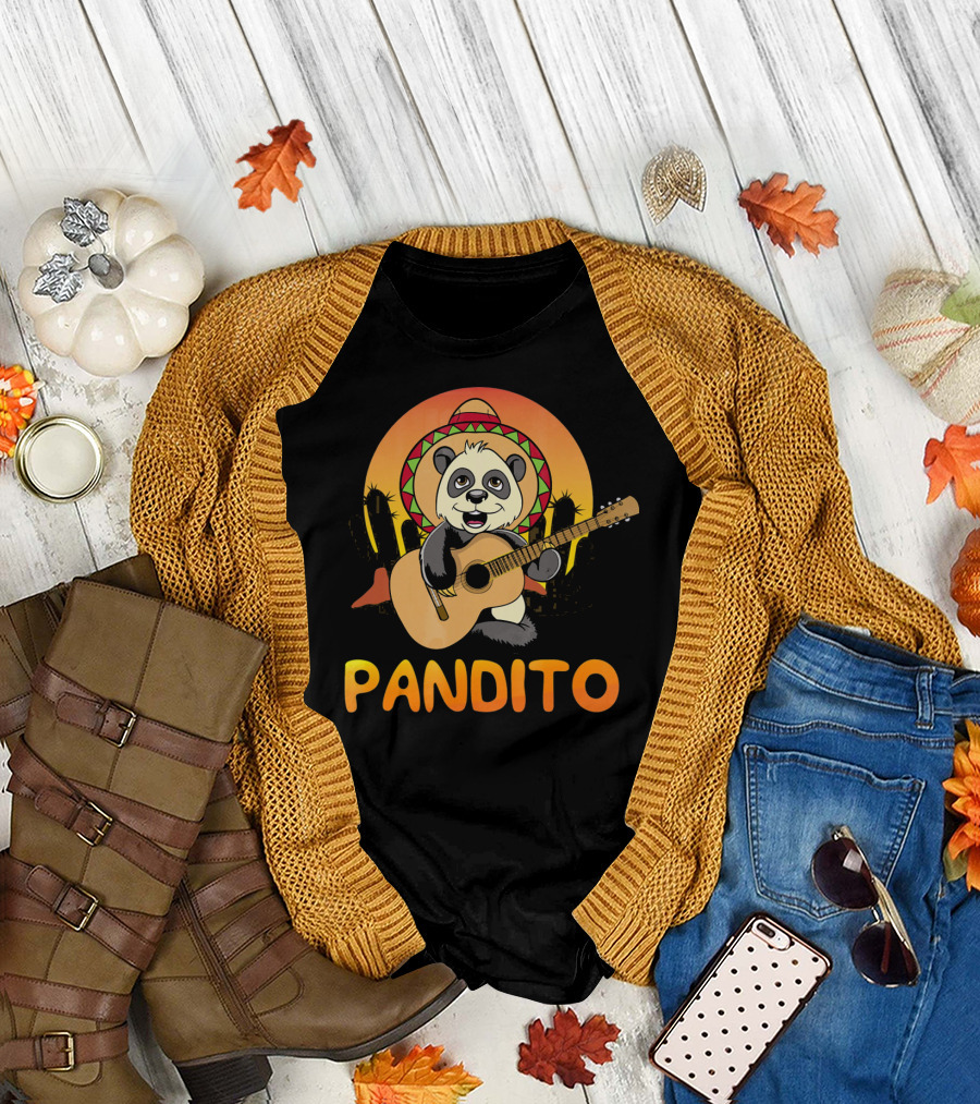 Pandito Funny Mexican Panda with Sombrero and Guitar Fiesta T-Shirt