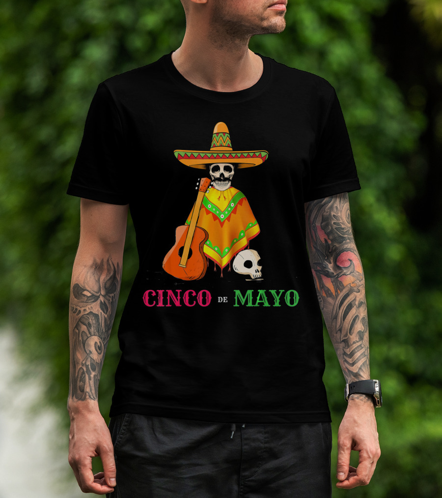 Cinco De Mayo Sombrero Skull Poncho Guitar T-Shirt