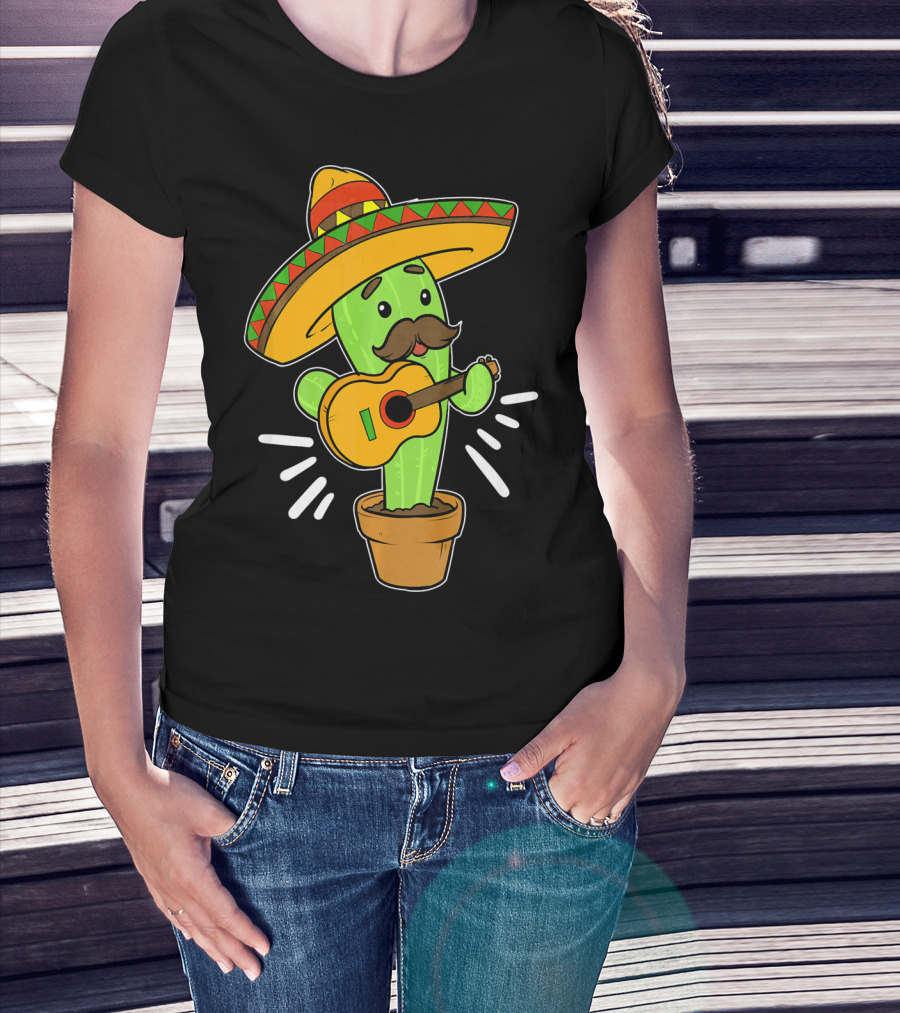 Cinco De Mayo Cactus Playing Guitar With Sombrero T-Shirt