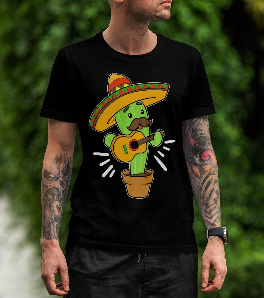 Cinco De Mayo Cactus Playing Guitar With Sombrero T-Shirt