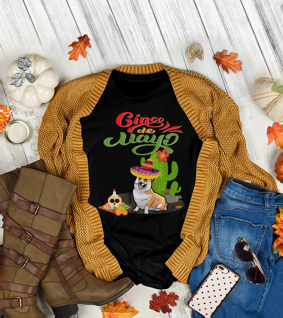 Cinco de Mayo Corgi Dog Fiesta with Sombrero and Cactus T-Shirt