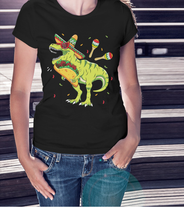 Cinco De Mayo T Rex With Sombrero Maracas And Taco T-Shirt