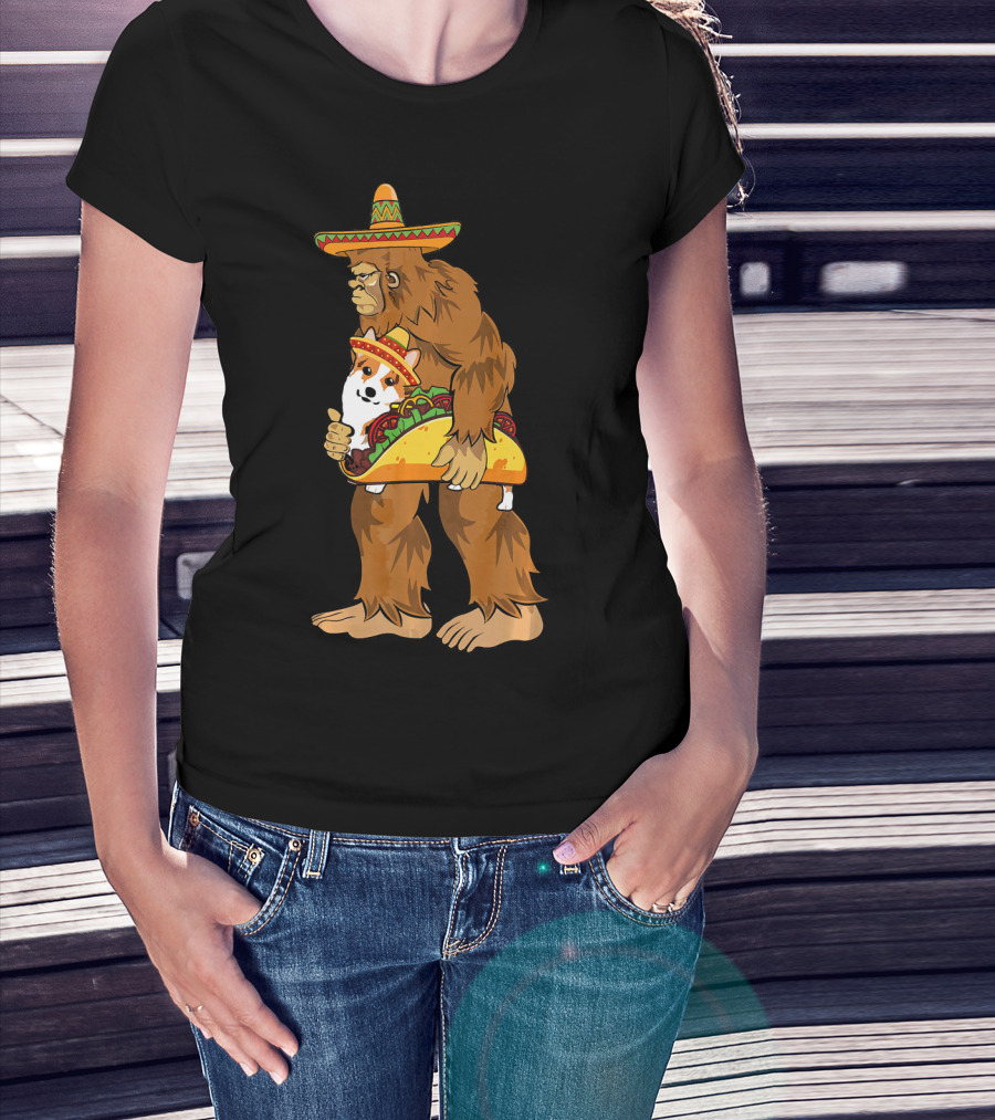 Bigfoot Sombrero Carry Corgi Taco Cinco De Mayo Humor T-Shirt