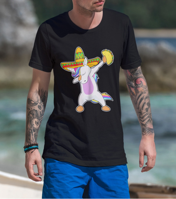 Funny Dabbing Unicorn With Taco And Sombrero Leveraging Cinco De Mayo Celebrations T-Shirt