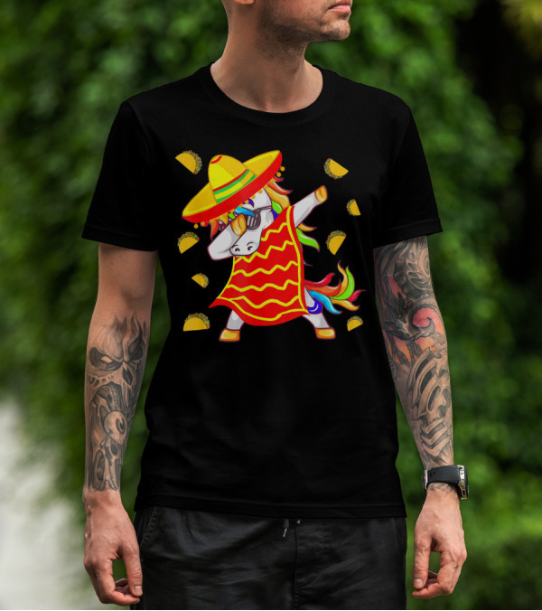 Unicorn Dabbing In Mexican Poncho With Sombrero Surrounded By Tacos T-Shirt