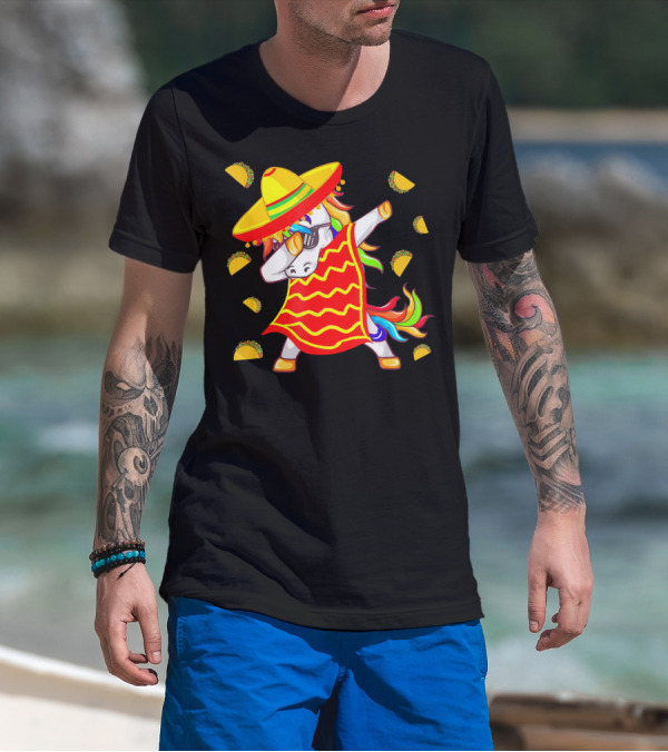 Unicorn Dabbing In Mexican Poncho With Sombrero Surrounded By Tacos T-Shirt