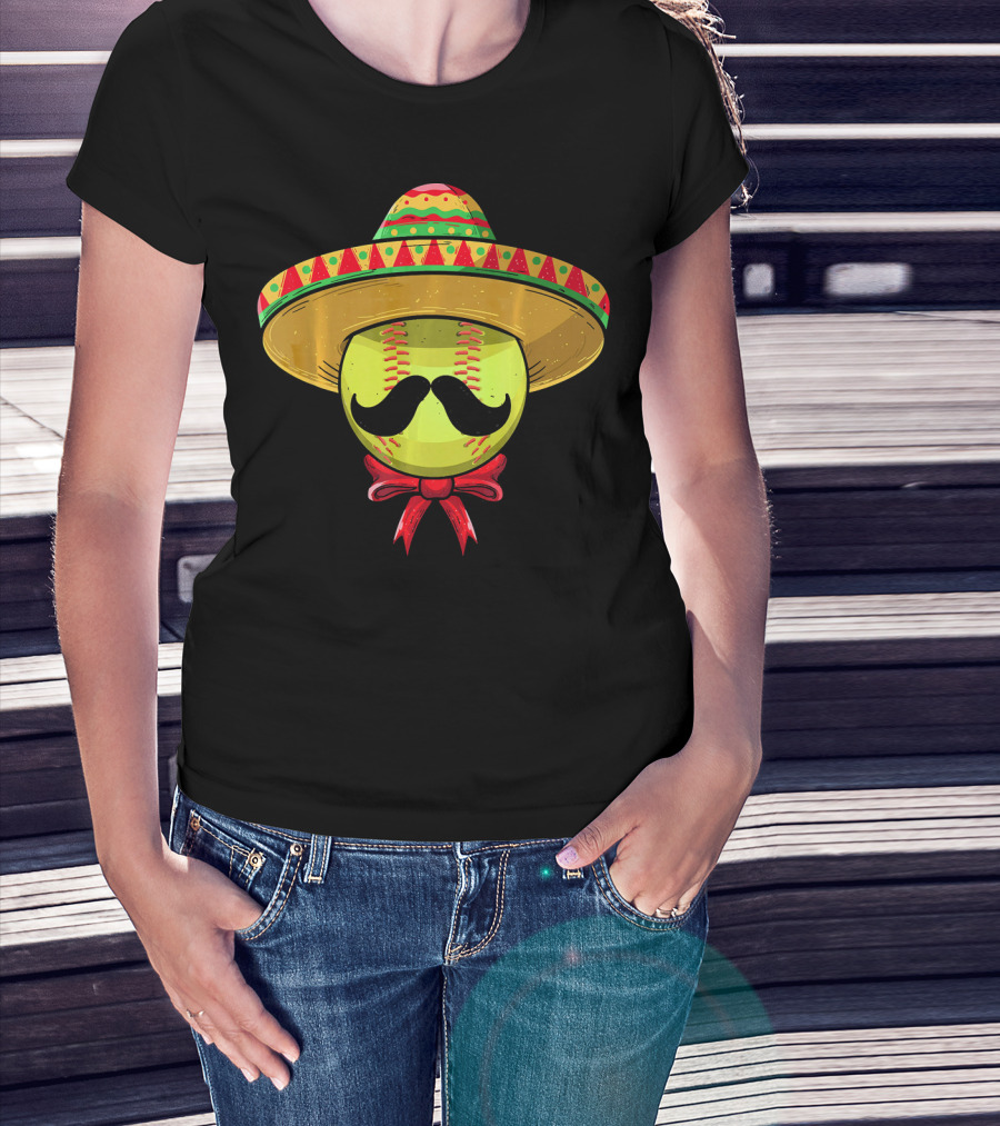 Cinco De Mayo Mexican Sombrero Softball Mustache Red Bow T-Shirt