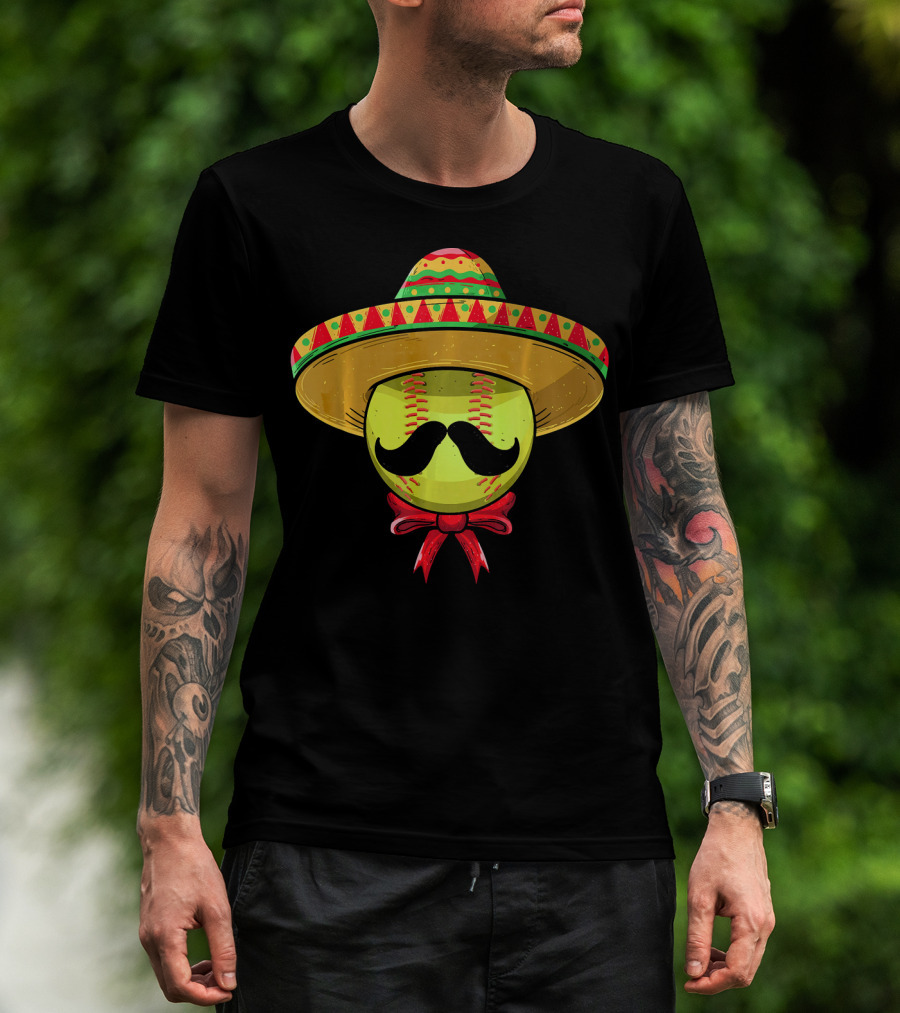Cinco De Mayo Mexican Sombrero Softball Mustache Red Bow T-Shirt