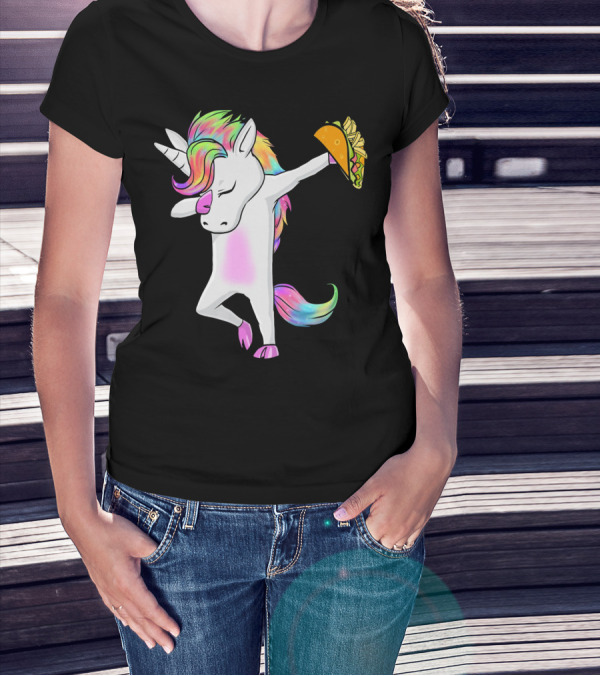 Unicorn Dabbing With Rainbow Mane Holding Tacos T-Shirt