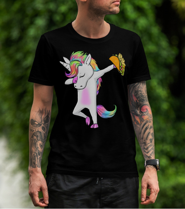 Unicorn Dabbing With Rainbow Mane Holding Tacos T-Shirt