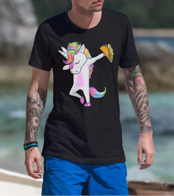 Unicorn Dabbing With Rainbow Mane Holding Tacos T-Shirt