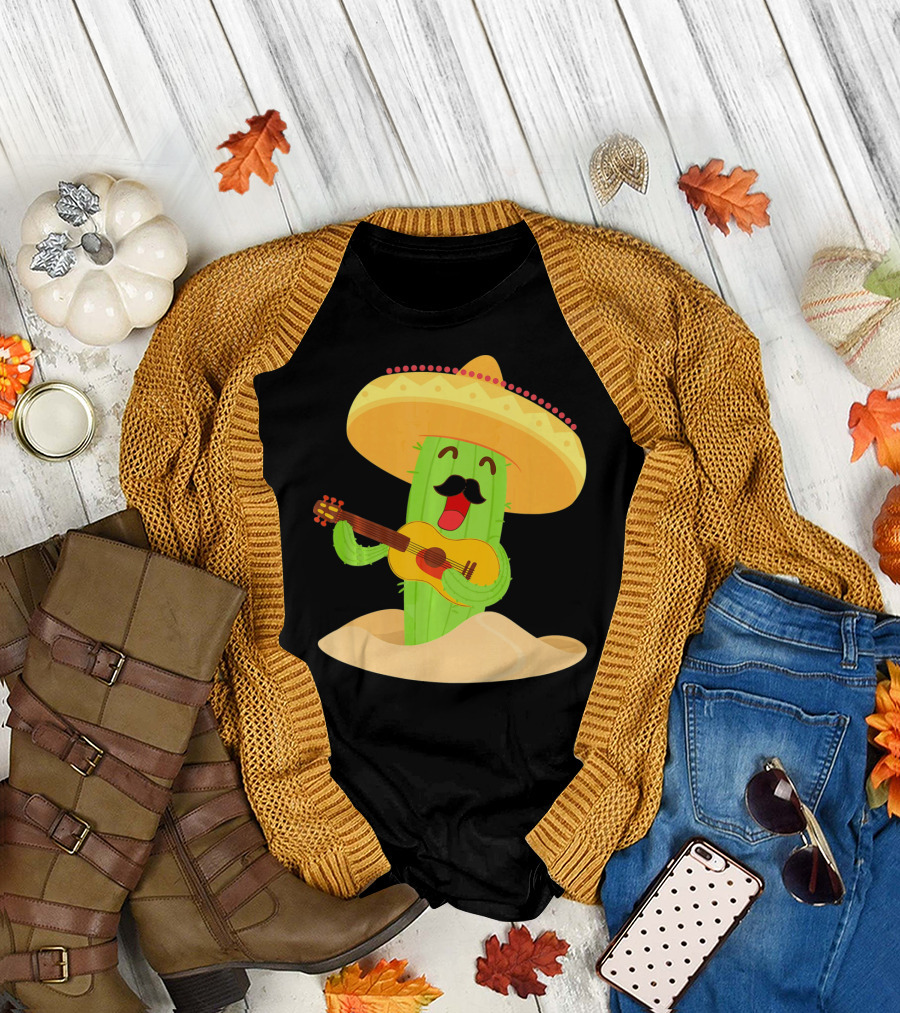 Happy Cinco De Mayo Cactus Guitarist With Sombrero T-Shirt