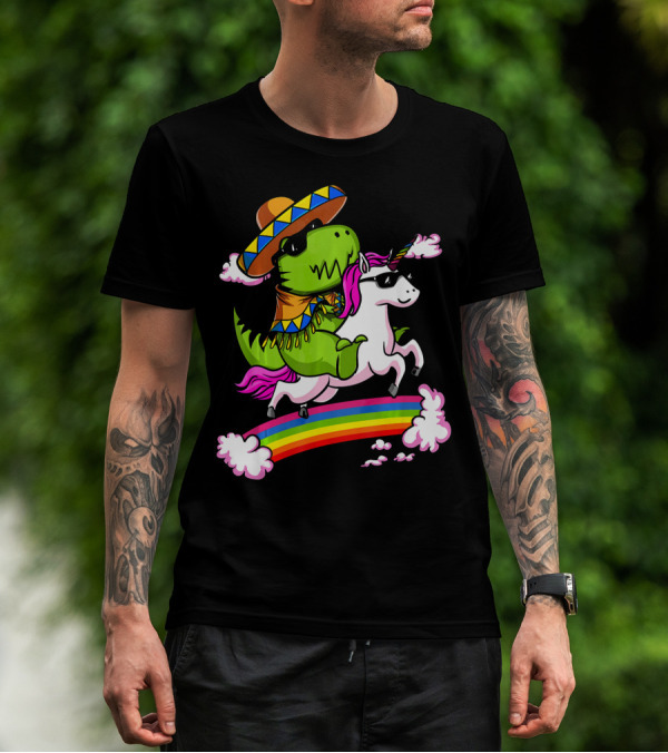 T Rex Dinosaur Riding Unicorn Cinco De Mayo Rainbow Sombrero Sunglasses T-Shirt