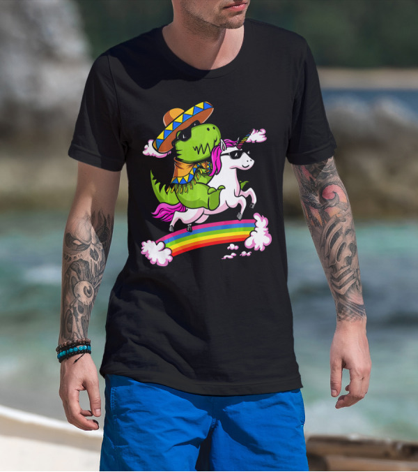 T Rex Dinosaur Riding Unicorn Cinco De Mayo Rainbow Sombrero Sunglasses T-Shirt
