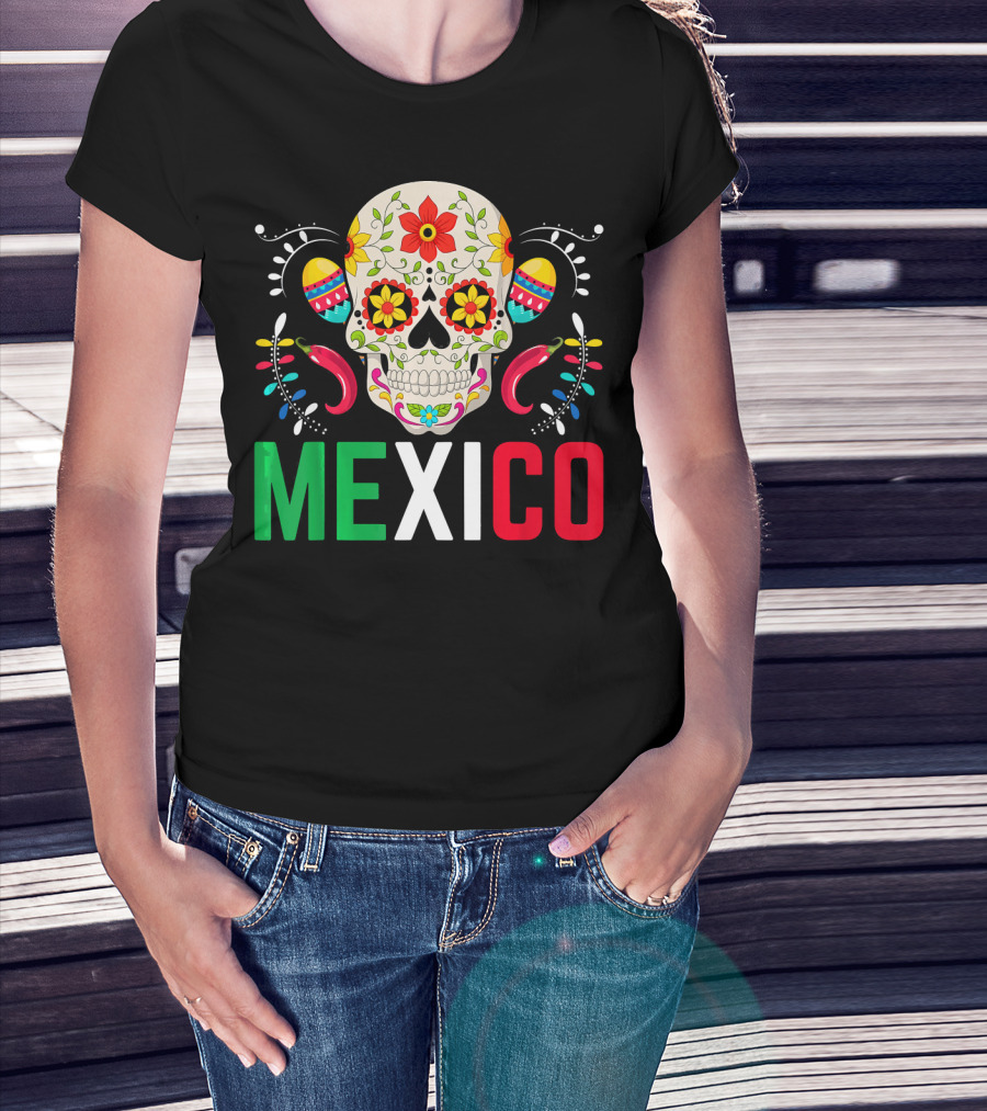 Colorful Cinco De Mayo Mexico Sugar Skull Design With Decorative Elements T-Shirt