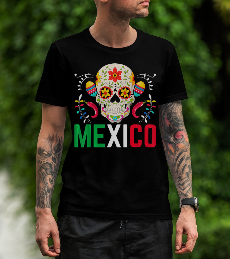Colorful Cinco De Mayo Mexico Sugar Skull Design With Decorative Elements T-Shirt