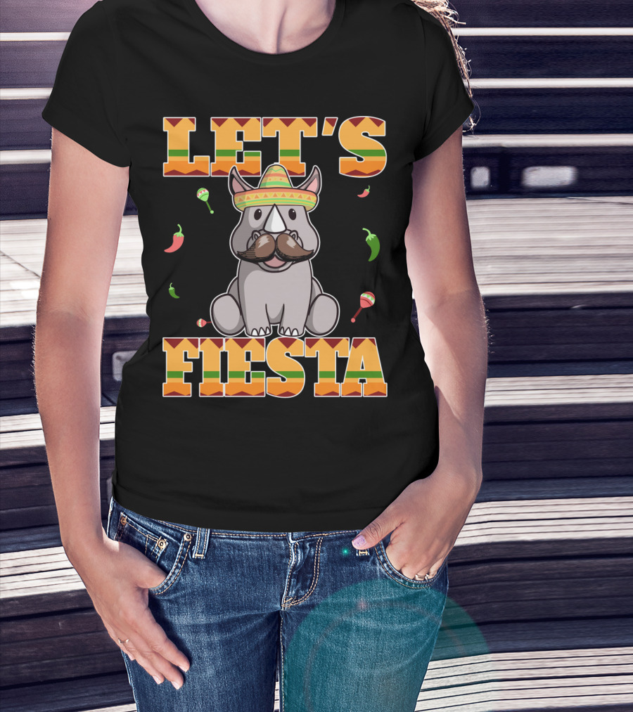 Let's Fiesta Rhinoceros Cinco De Mayo Mex Sombrero Peppers Maracas T-Shirt