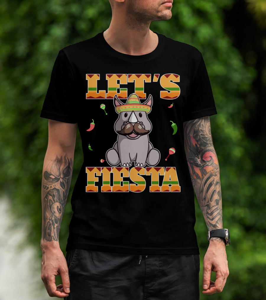 Let's Fiesta Rhinoceros Cinco De Mayo Mex Sombrero Peppers Maracas T-Shirt