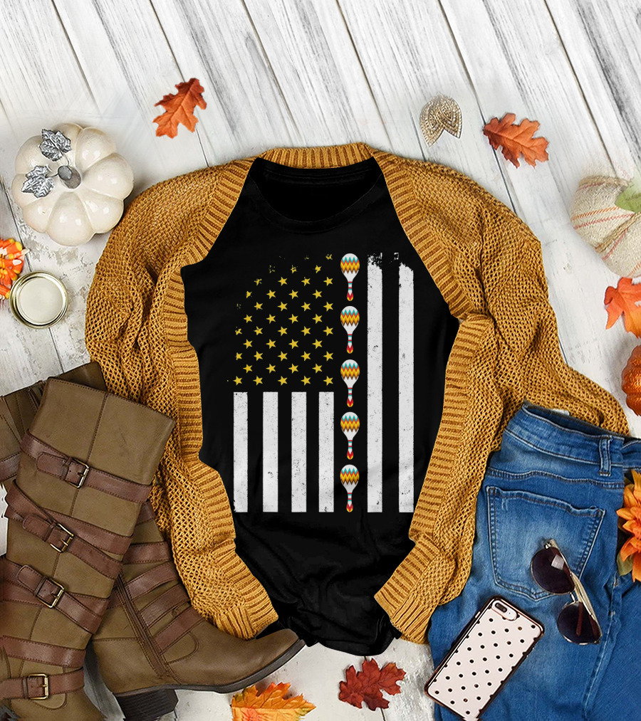 Cinco De Mayo Vintage American Flag with Maracas T-Shirt