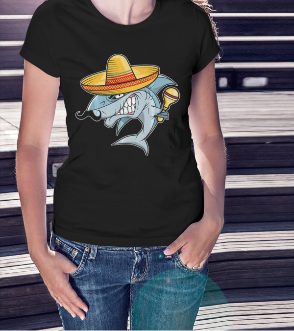 Cinco De Mayo Shark Wearing Sombrero With Maraca Mexican Fiesta T-Shirt