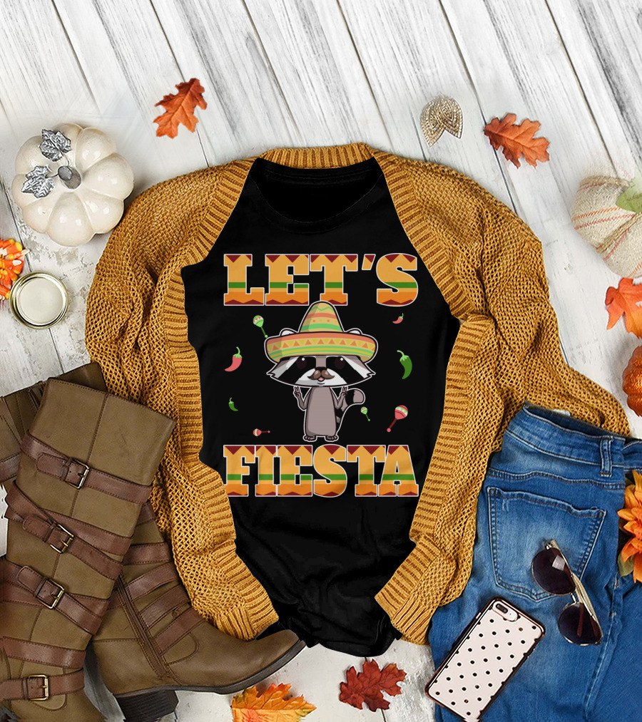 LET'S FIESTA RACOON SOMBRERO MARIACHI PEPPERS MARACAS CINCO DE MAYO T-Shirt