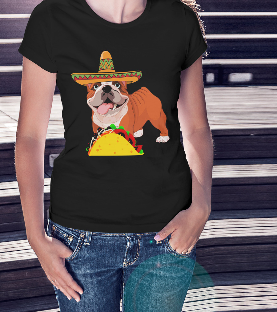 Funny Cinco De Mayo Bulldog Wear Sombrero Taco Fiesta T-Shirt