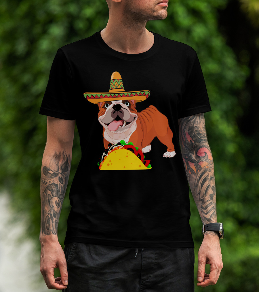 Funny Cinco De Mayo Bulldog Wear Sombrero Taco Fiesta T-Shirt