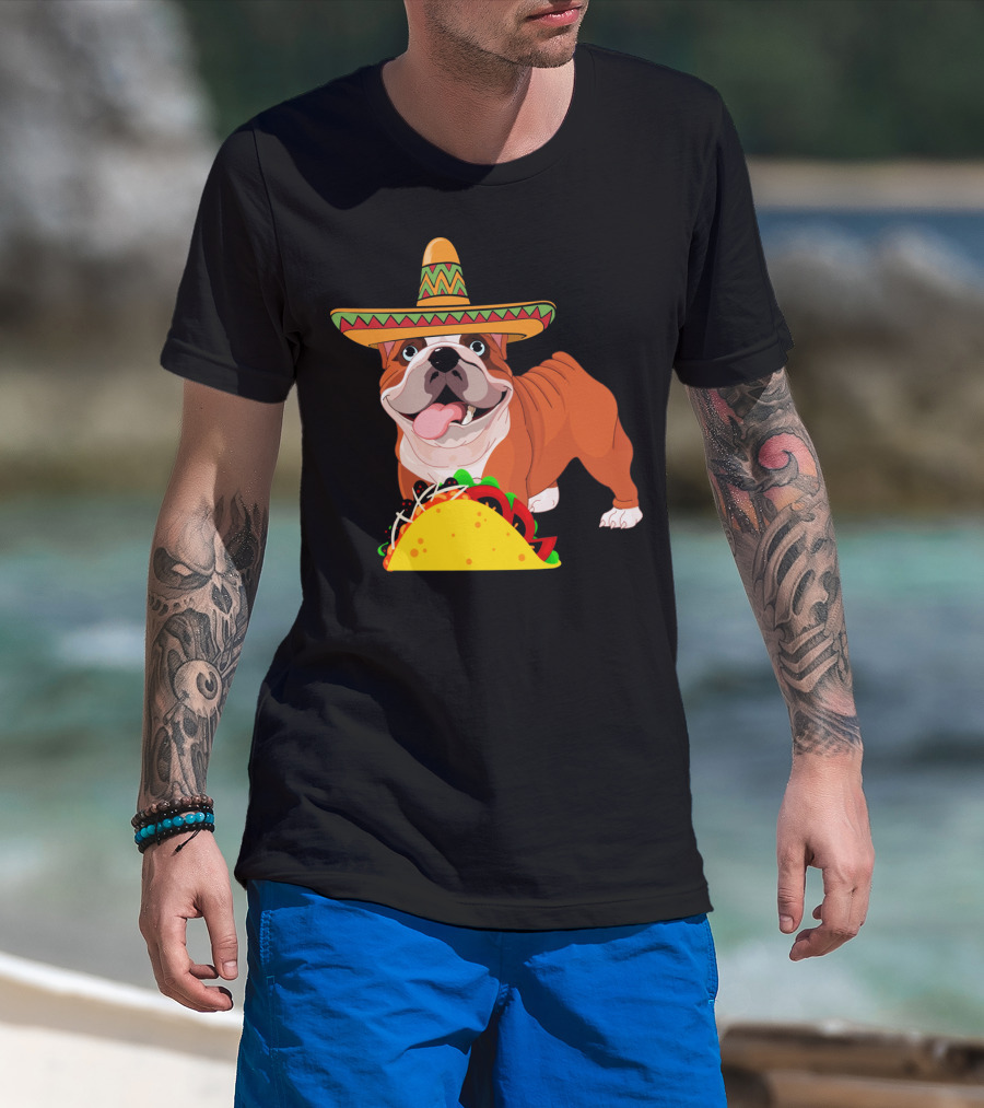 Funny Cinco De Mayo Bulldog Wear Sombrero Taco Fiesta T-Shirt
