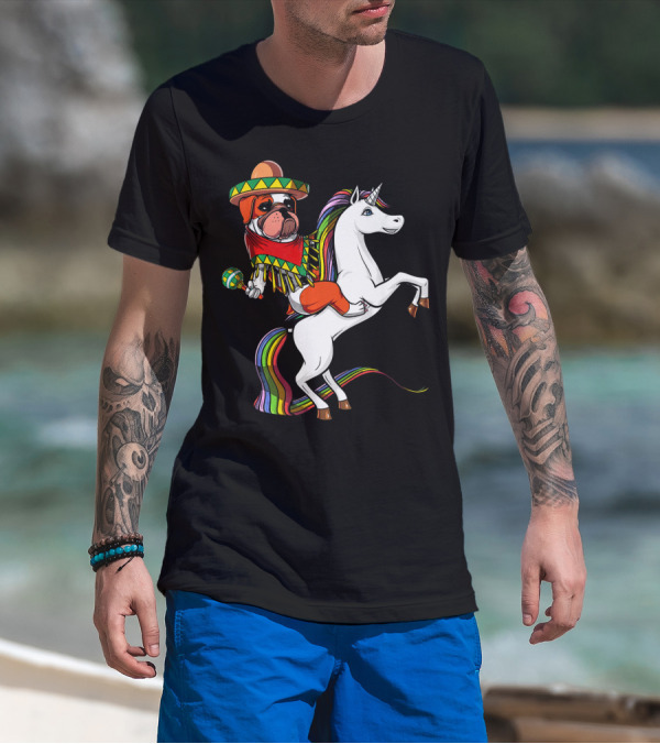 English Bulldog Riding Unicorn Cinco De Mayo Fiesta Hat And Maracas T-Shirt