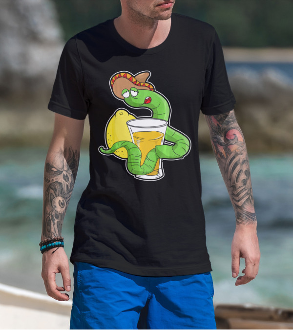 Funny Drunk Tequila Worm With Shot And Lemon Party Vibes T-Shirt