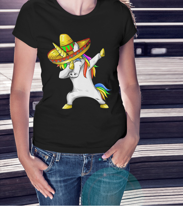 Dabbing Cinco De Mayo Unicorn With Sombrero And Rainbow Mane T-Shirt