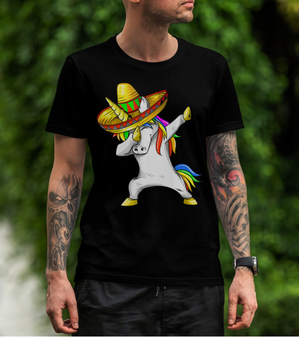 Dabbing Cinco De Mayo Unicorn With Sombrero And Rainbow Mane T-Shirt